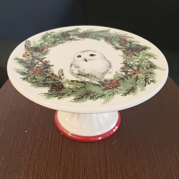 Creative Co-Op Stoneware Owl & Wreath Image Cake Pedestals 7.5" Round - Picture 1 of 7
